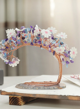 热销创意刺绣碎石小花大弯柏松水晶生命树水晶蕾丝玛瑙片底座工艺