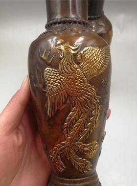 古玩仿古做旧黄铜鎏金花瓶摆件家花瓶龙凤吉祥摆件工艺品批发