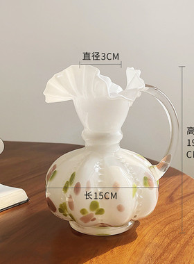 白色fenton芬顿花瓶褶皱花边中古单耳玻璃客厅水养插花器摆件