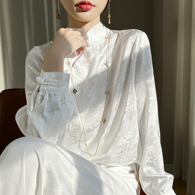 新中式国风缎面衬衫女提花盘扣时尚百搭宽松气质打底,淘宝优惠券,粉丝福利购,淘宝优惠卷