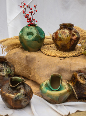 粗陶瓷花瓶陶瓶插花复古怀旧手工民宿酒店侘寂风禅意摆件