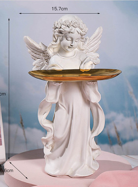 北欧祈祷少女金属托盘创意复古天使树脂家居摆件玄关钥匙收纳装饰