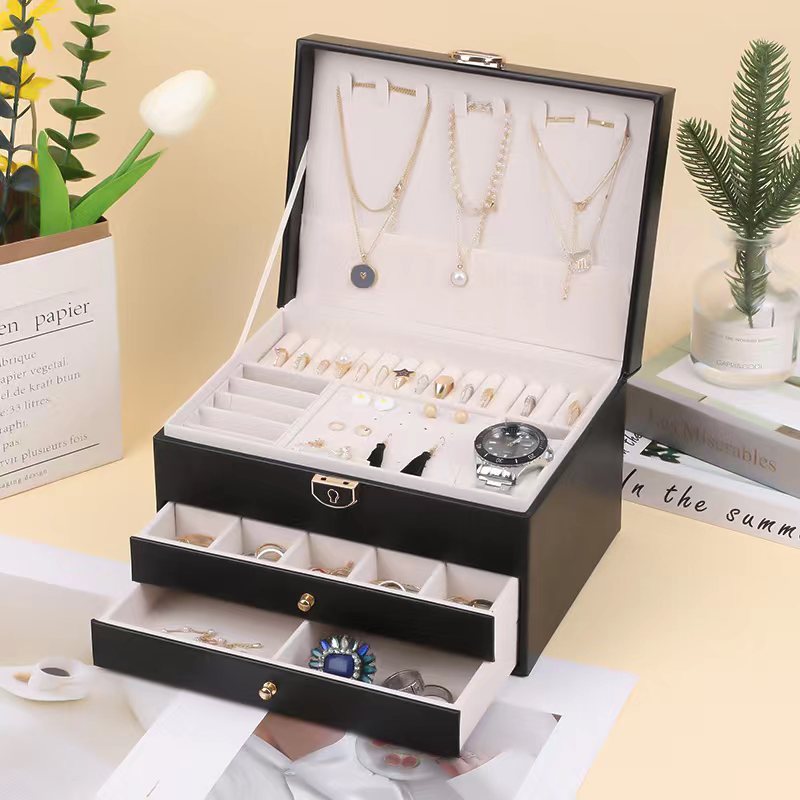 三层带锁珠宝保管戒指盒大容量首饰盒多格存储家居整理盒收纳 - 图1