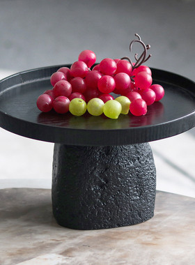 热销仿高脚轻奢石头底座实木果盘摆件样板间茶几餐桌面收纳盘软装