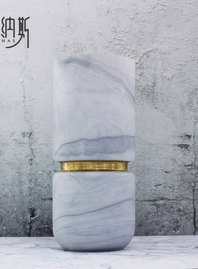 白色磨砂大理石质感直筒铜圈中式插玻璃水墨干花水培植物装饰花瓶
