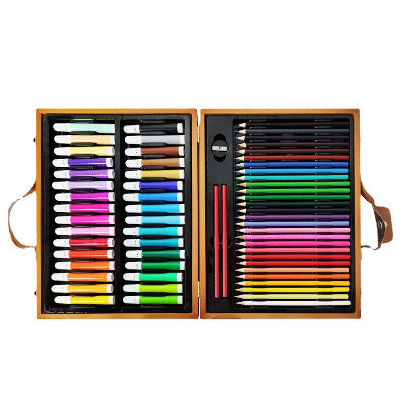 Children's Wooden Box Painting Set Brush Set Gift Stationery 63-piece Art Supplies Back-to-School Watercolor Pen Wholesale