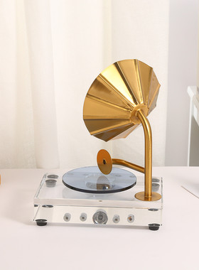 热销欧式轻奢复古简约水晶留声机铁艺水晶摆件酒店居家桌面摆件批