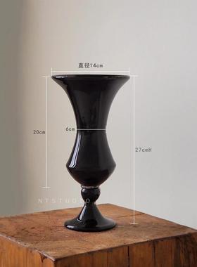 欣可家居玻璃花瓶法式中古高脚极简黑色复古插花水培摆件