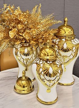 热销陶瓷轻著花瓶将军獾 欧式花插电镀工艺品摆件玄关软装装饰储
