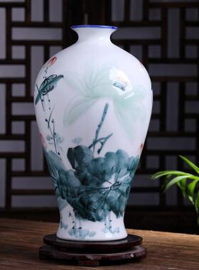 景德镇花瓶新中式插花荷花摆件客厅手绘瓷器家居装饰品瓷瓶摆件