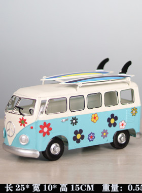复古创意大众巴士车模型铁艺怀旧老爷车家居客厅仿真纸巾盒摆件