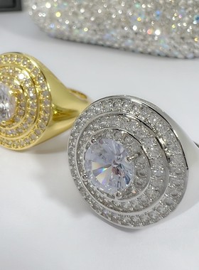 高级感满钻圆盘时钟戒指 圆圈微镶嵌锆石戒指指环戒指 订婚钻戒