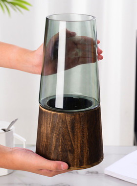 实木玻璃花瓶轻奢现代简约创意大口径水养富贵竹马醉木插花摆件