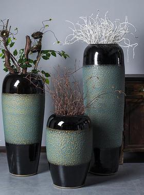 景德镇陶瓷落地大花瓶干插花三件客厅电视柜装饰干花摆件绿色现代