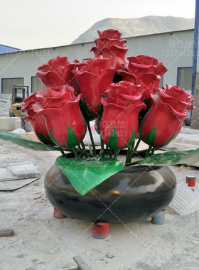 热销来图制作户外仿真玫瑰花玻璃钢雕塑景观园林公园花朵装饰摆件