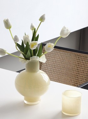 热销中古褶皱花边奶黄色亮瓷玉感水培大肚高级玻璃花瓶家居插花器