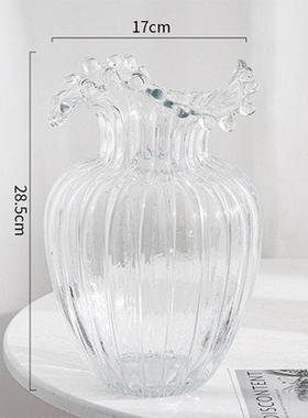 轻奢客厅装饰品摆件北欧ins浪花口玻璃花瓶透明欧式水养插花创意