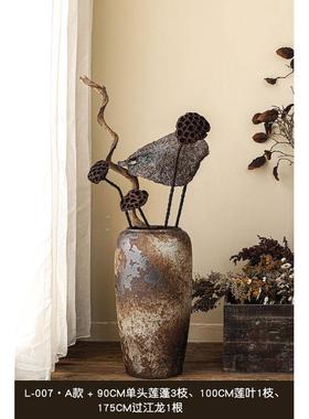 落地大花瓶干花中式复古陶罐客厅酒店装饰品插花陶瓷摆件粗陶瓷瓶