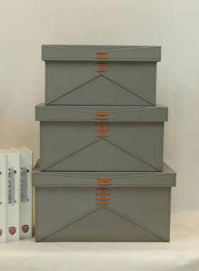 新款软装样板房绑带装饰收纳盒灰色皮质装饰盒衣帽间收纳展示盒子