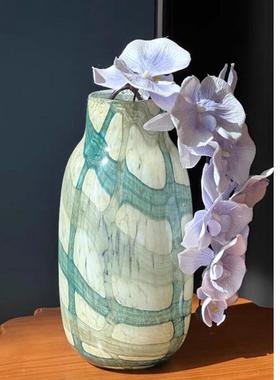 热销花瓶蓝绿肌理网格艺术氛围感中古琉璃瑞典新中式高级手工玻璃