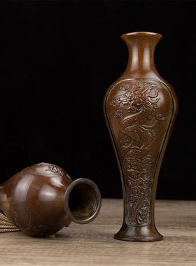 铜龙凤纹复古一对家居桌面装饰品做旧紫铜色花瓶摆件龙凤花瓶收藏