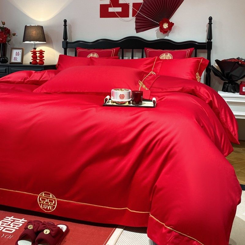 2024新款绣花全棉红色婚庆四件套系列 1.8m床单款四件套 简爱,淘宝优惠券,粉丝福利购,淘宝优惠卷
