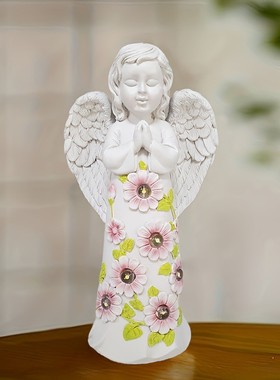 欧式装饰小孩花灯太阳能发光花园家居摆件庭院天使人物雕塑树脂