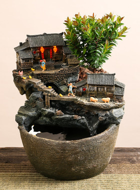 热销缸创意老房子流水摆件生态复古流水罐鱼缸水系景观摆件循环水