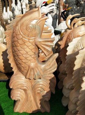 热销石雕动物晚霞红小鱼大理石喷水鲤鱼喷泉园林别墅流水景观摆件