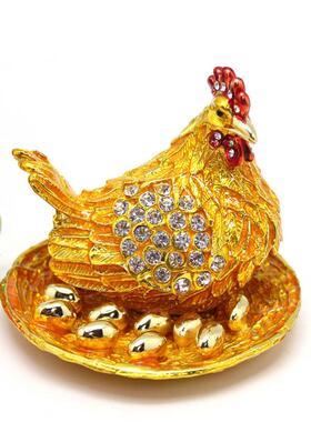 厂家直销金属电镀招财蛋鸡首饰盒生肖母鸡合金首饰盒摆件外贸礼品