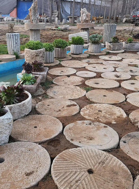 石雕旧石器民间磨盘圆盘铺路地石景区园林铺路石磨盘老石头磨盘