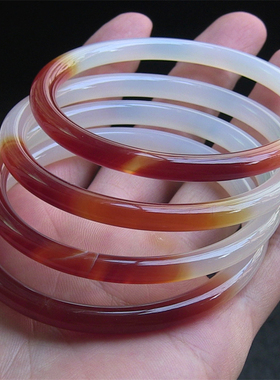 瑕疵品6mm细圆条天然巴西玛瑙手镯/复古圆条/半边红玉髓No:149