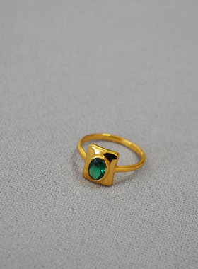 ins小众戒指绿宝石黄铜镀金日系