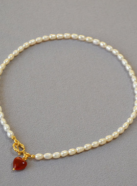 珍珠红玛瑙爱心OT扣锁骨链