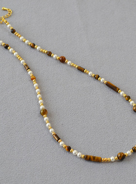 欧美复古虎眼石项链珍珠锁骨链女