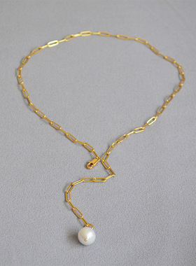 欧美原创细长扣链条淡水巴洛克小珍珠简约冷淡气质百搭项链Y字链