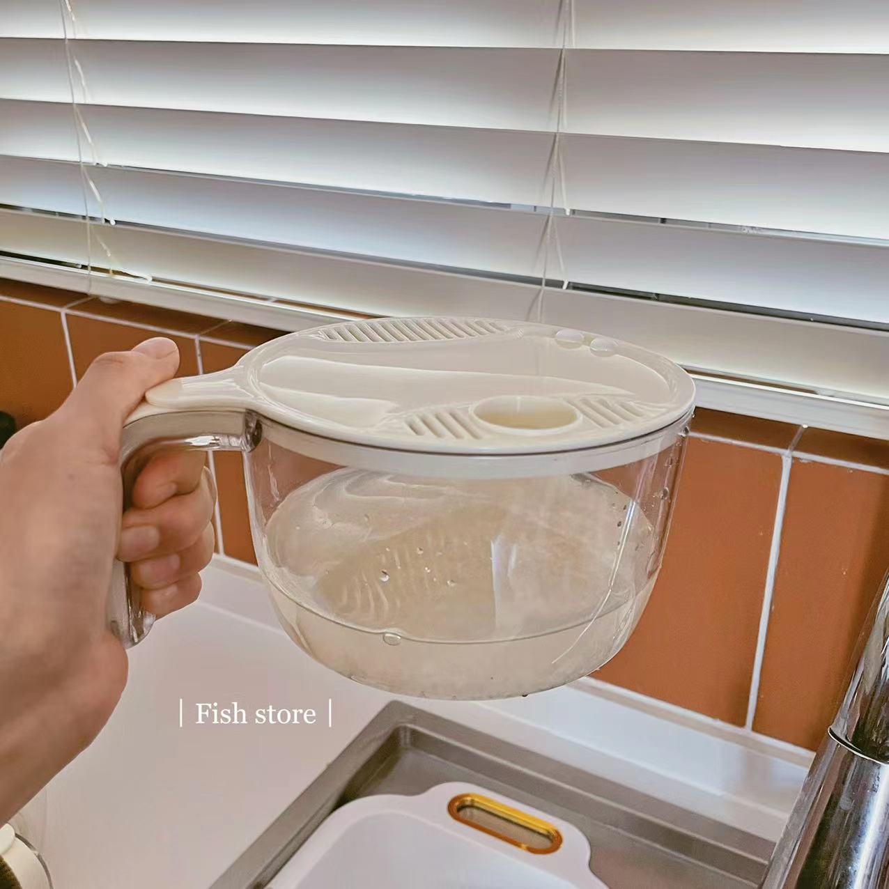 *Fish store*多用途淘米神器沥水篮洗菜盆漏水筛厨房把手收纳篮-图0