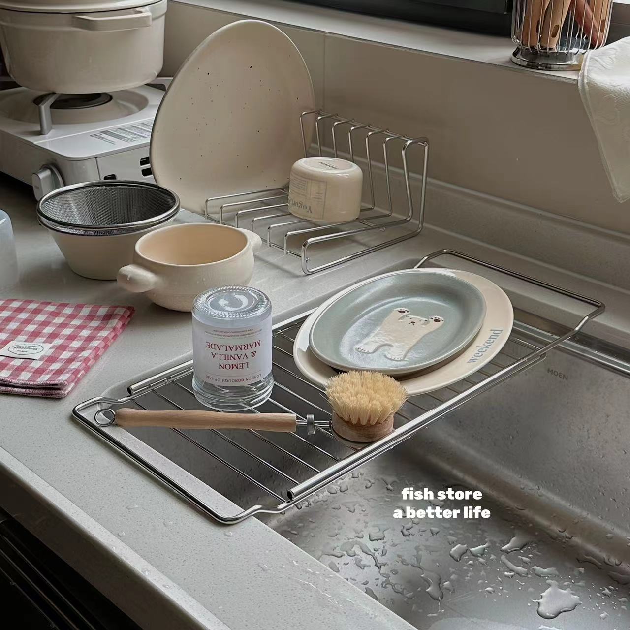 *Fish store*厨房用304不锈钢水槽置物架果蔬碗盘海绵伸缩沥水架 - 图1