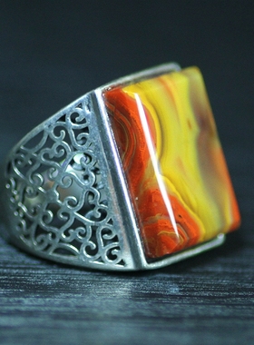 北票战国红鸡油黄方戒戒指指环