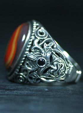 北票战国红满丝蛋面银戒指指环