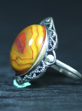 天然北票战国红玛瑙鸡油黄老料满缠丝银镶嵌女款戒指指环时尚礼品