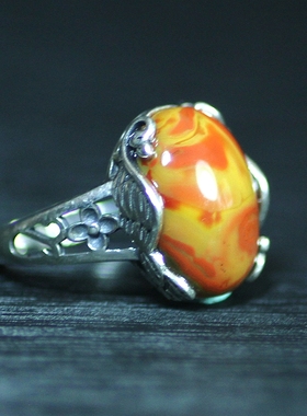 北票战国红鸡油黄女款银戒指指环