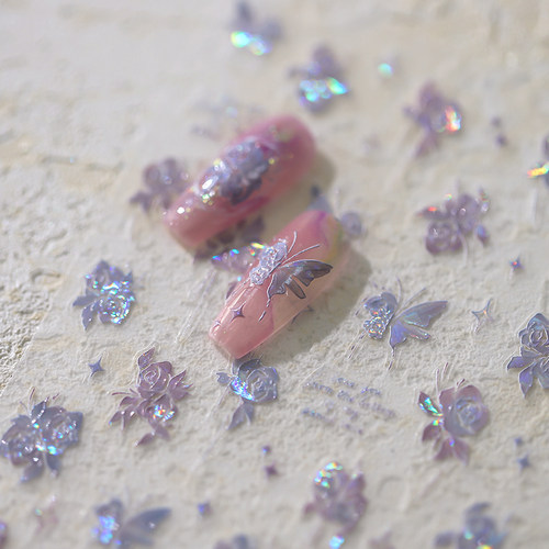 茉季透明玻璃碎蝴蝶玫瑰美甲贴纸防水指甲贴装饰贴饰品3642 M326 - 图2