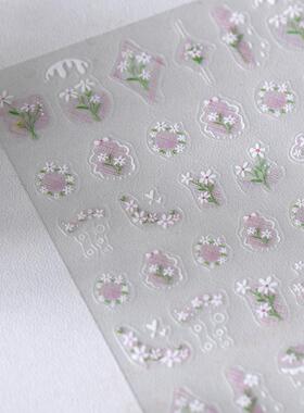 茉季白色小花花朵美甲贴纸防水指甲贴装饰贴花饰品3944