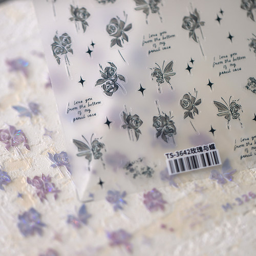 茉季透明玻璃碎蝴蝶玫瑰美甲贴纸防水指甲贴装饰贴饰品3642 M326 - 图3