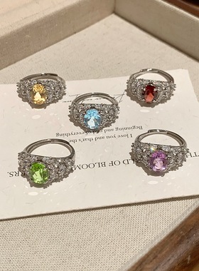 轻奢天然水晶石s925纯银戒指女宫廷风小众设计石榴石托帕石手饰