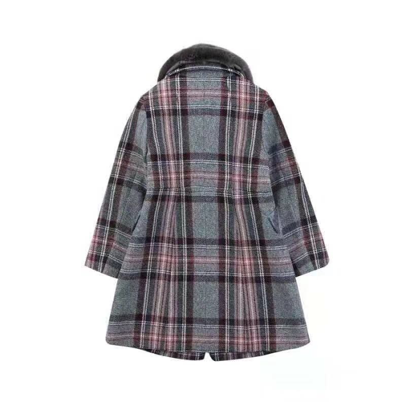 韩国童装潮品店冬季新款女童韩版格子气质加棉真毛领毛呢大衣外套