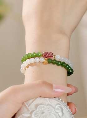 收藏级天然俄料碧玉手链菠菜绿和田玉手串青海白玉碧玺18k金观音