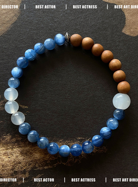 7A级天然蓝晶石手串老山檀手链白玛瑙925银檀木蓝色无加色女礼物