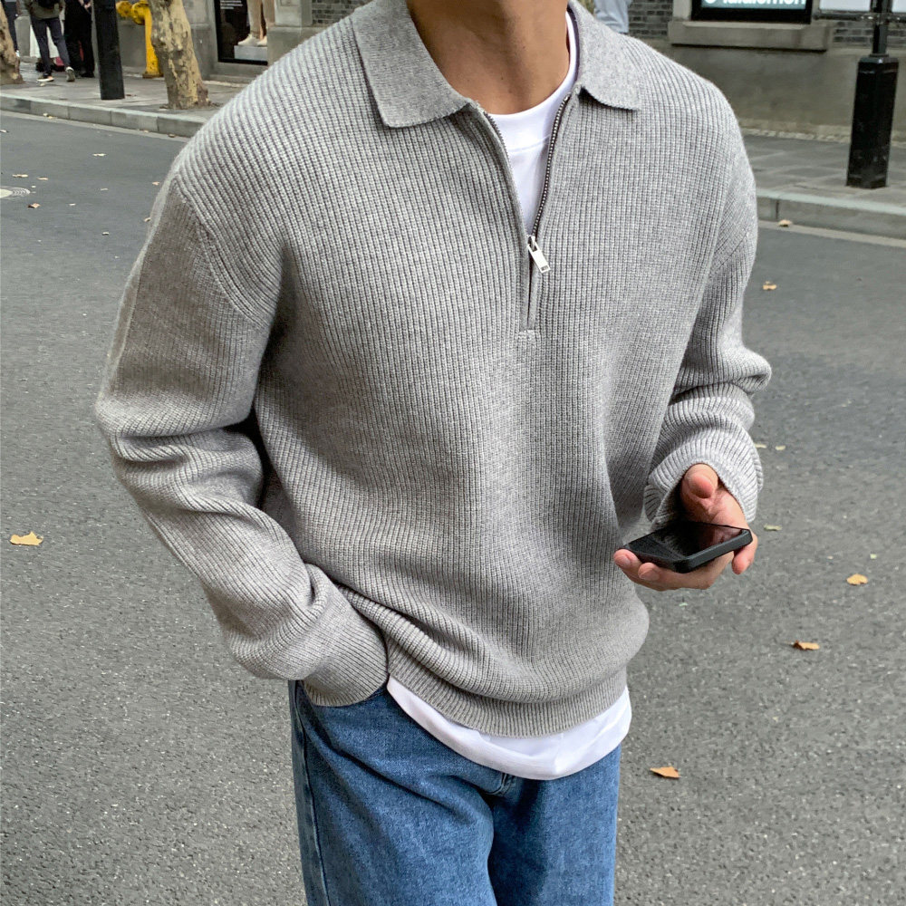 韩国东大门代购秋冬高品轻熟百搭纹理半拉链重工套头针织衫男毛衣,淘宝优惠券,粉丝福利购,淘宝优惠卷